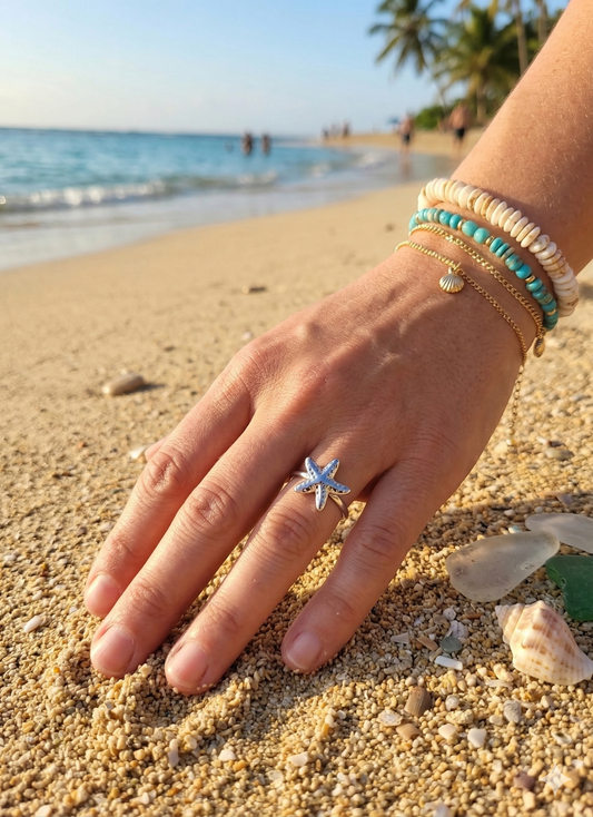 Bague fine ajustable à étoile de mer martelée