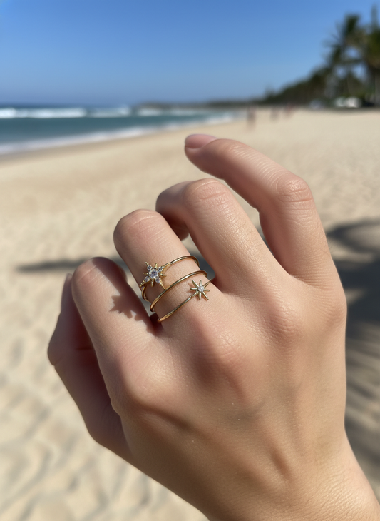 Bague ajustable triple anneaux étoiles strass
