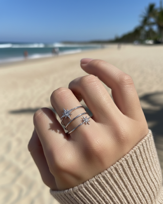 Bague ajustable triple anneaux étoiles strass