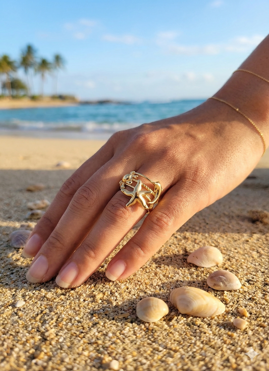 Bague ouverte étoile de mer et animaux marins