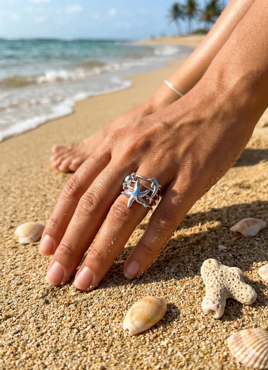Bague ouverte étoile de mer et animaux marins