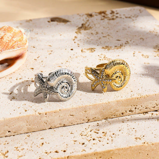 Bague ajustable étoile de mer sertie et coquillage
