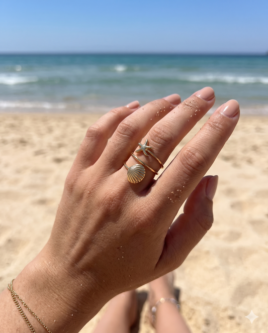 Bague ajustable 3 anneaux étoile de mer et coquillage