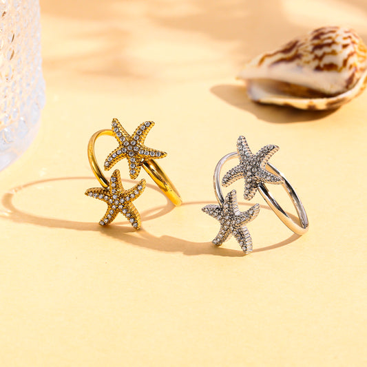 Bague double étoiles de mer à strass