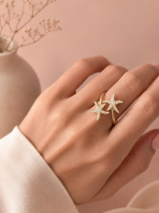 Bague double étoiles de mer à strass