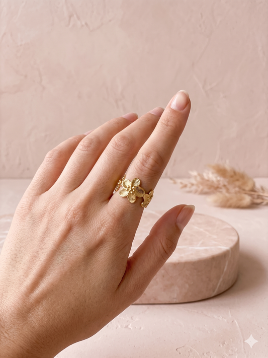 Bague ajustable 5 fleurs texturées