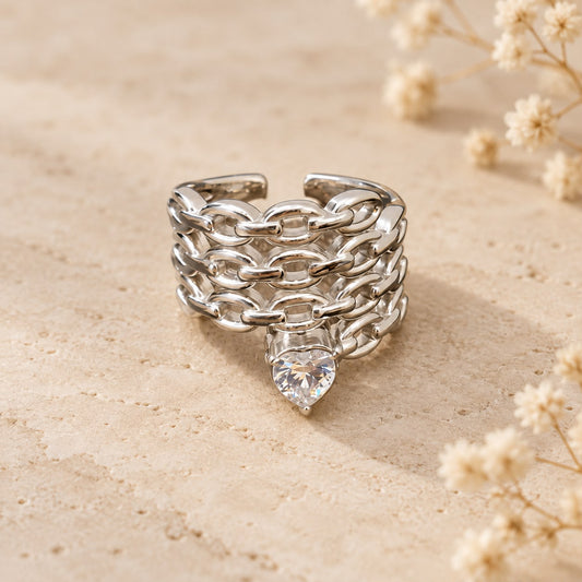 Bague large maillons cœur zircon
