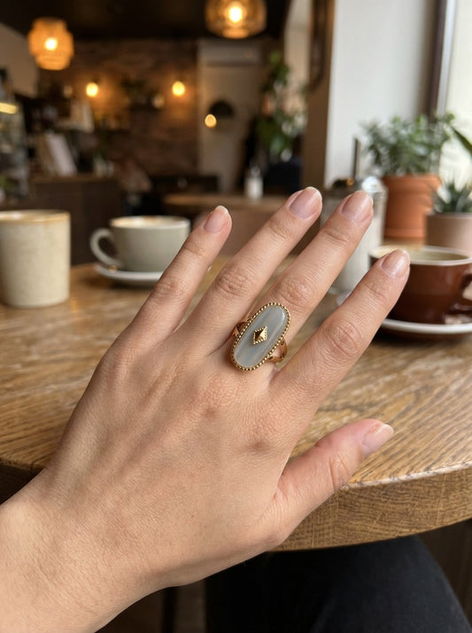 Bague ajustable pierre ovale et losange central