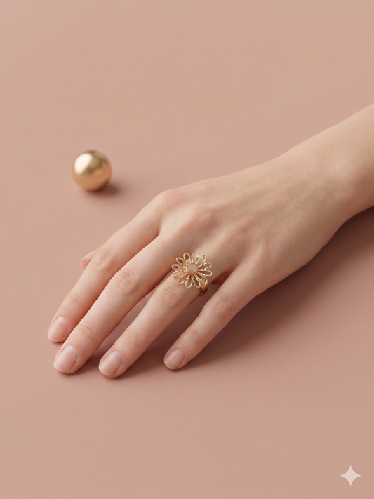 Bague dorée ajustable marguerite ajourée pierre