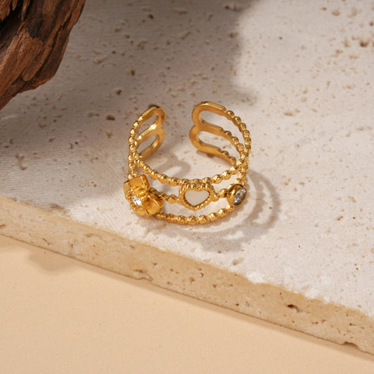 Bague dorée ajustable triple anneau cœur nacré et strass