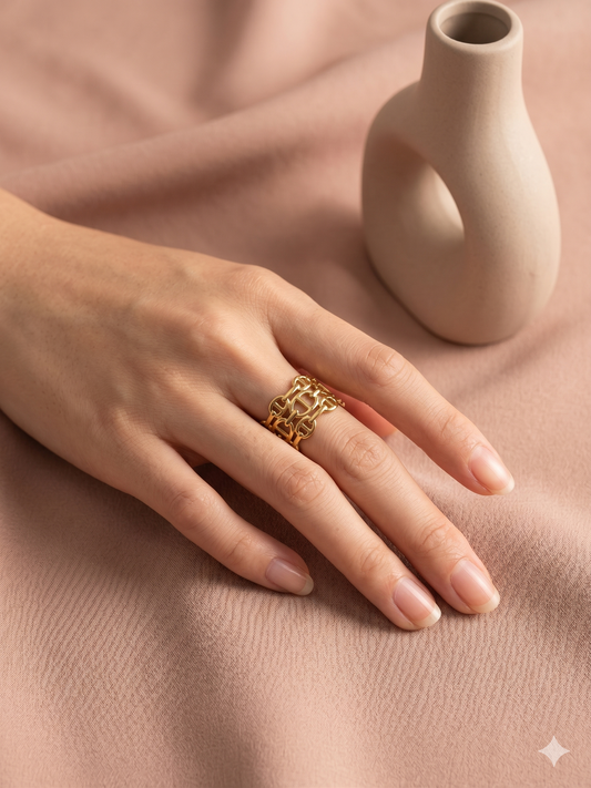 Bague large dorée ajustable triple ligne maille marine