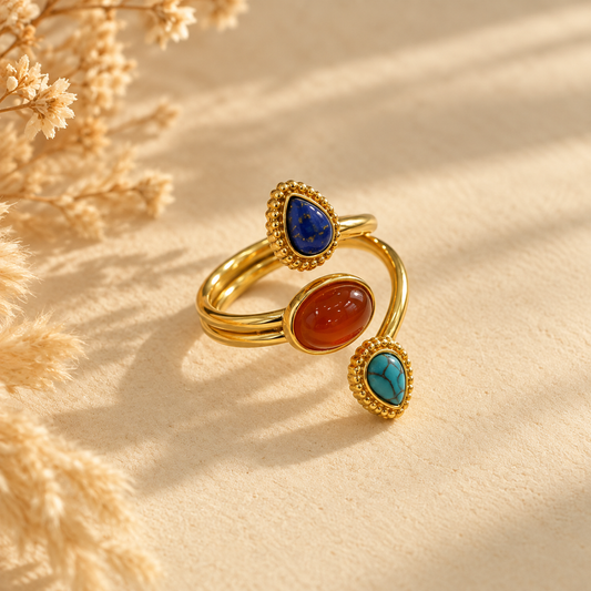 Bague ouverte enroulée trois pierres multicolores