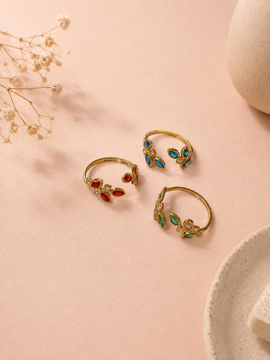 Bague ajustable par devant feuillage avec zirconium colorés