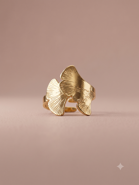 Bague ajustable feuilles de ginkgo superposées