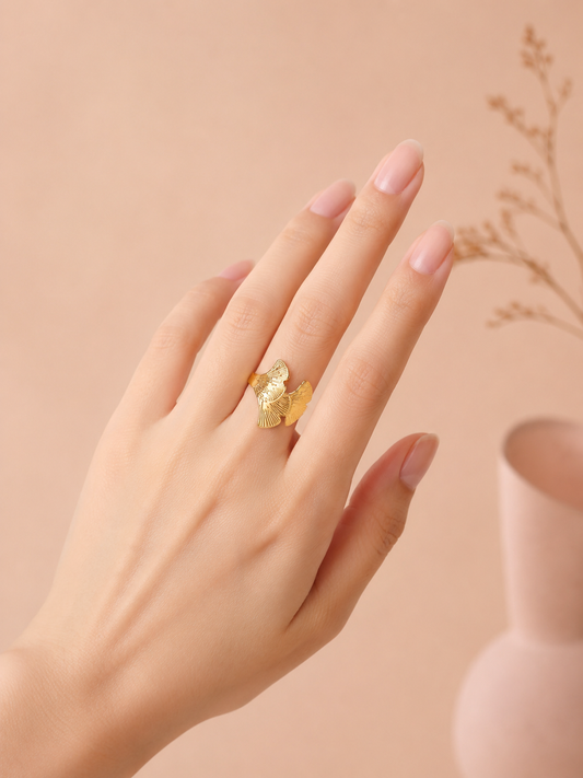 Bague ajustable feuilles de ginkgo superposées