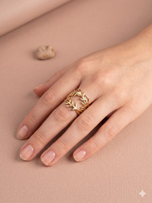 Bague dorée ajustable double branche de feuilles