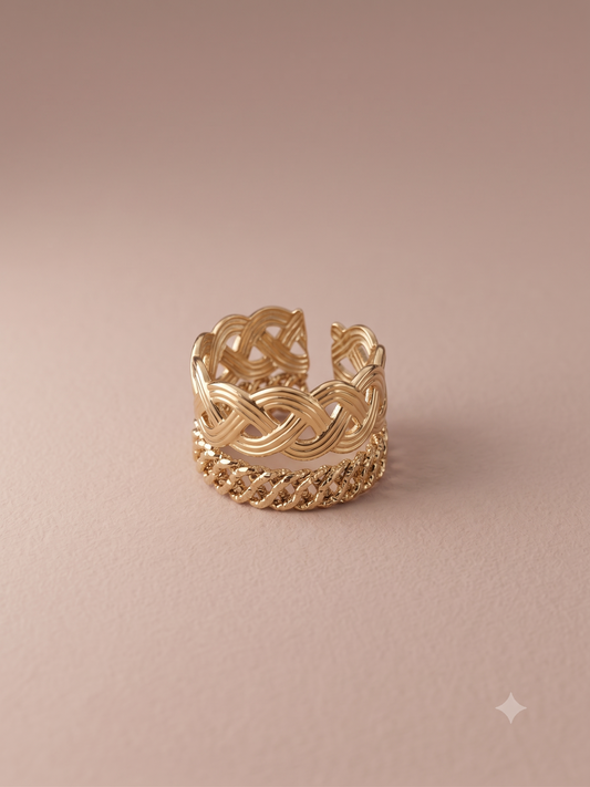 Bague ajustable dorée double rang tressé et chaîne gourmette