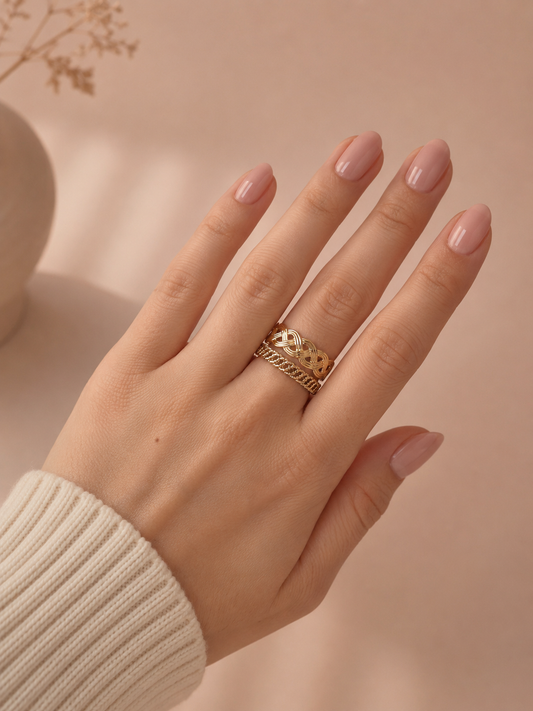 Bague ajustable dorée double rang tressé et chaîne gourmette