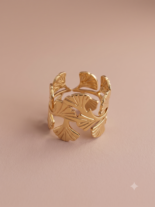 Bague ajustable dorée large feuilles de ginkgo