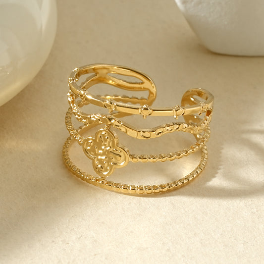 Bague multi-rangs trèfle doré