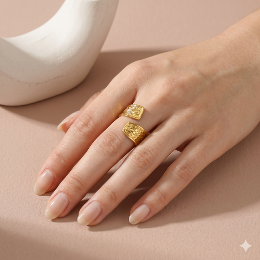 Bague large martelée gouttes doré