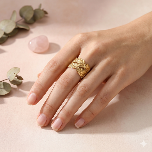 Bague feuille nervurée doré