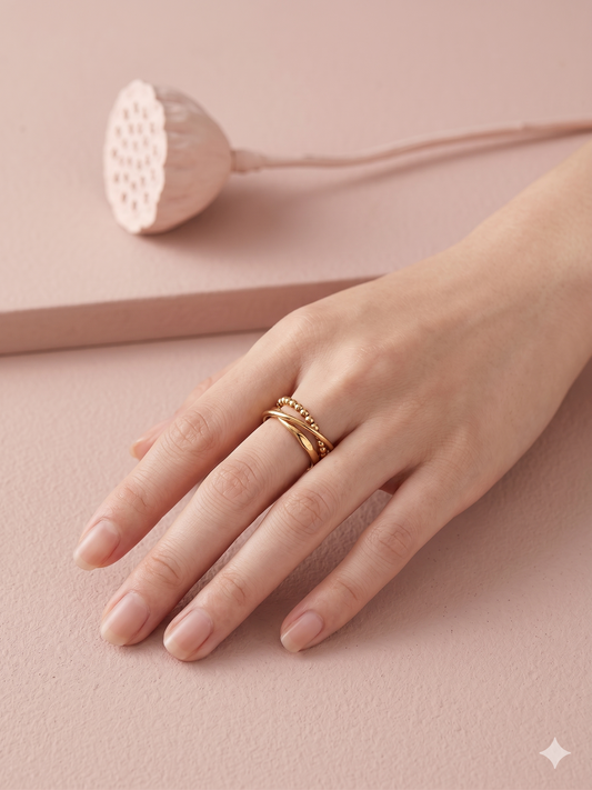 Bague multi-rangs torsadé et perlé doré