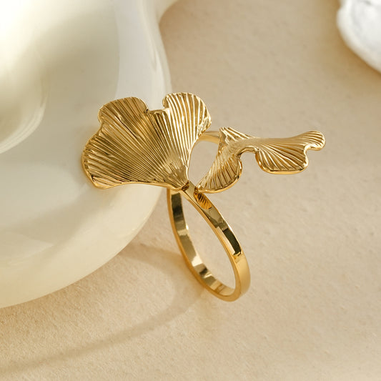 Bague ajustable dorée feuilles de ginkgo