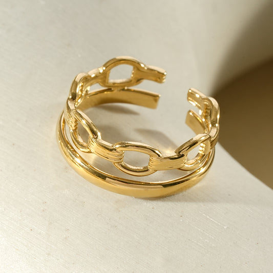 Bague double anneau chaîne gourmette doré