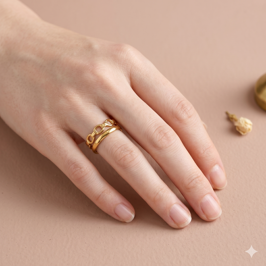 Bague double anneau chaîne gourmette doré