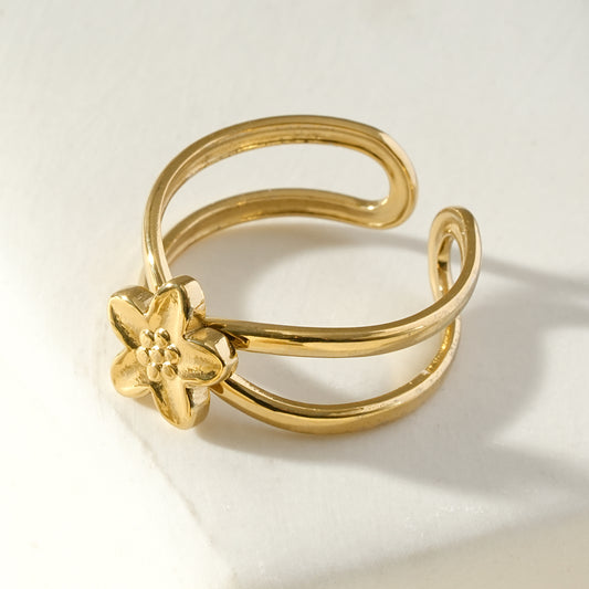 Bague ajustable dorée double rang fleur