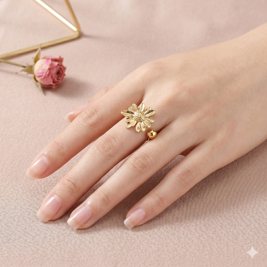 Bague ouverte tournesol et perle