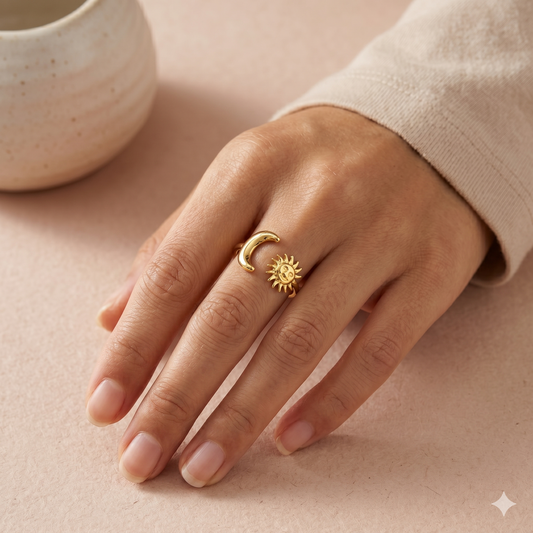 Bague dorée ouverte à l'avant formes lune et soleil