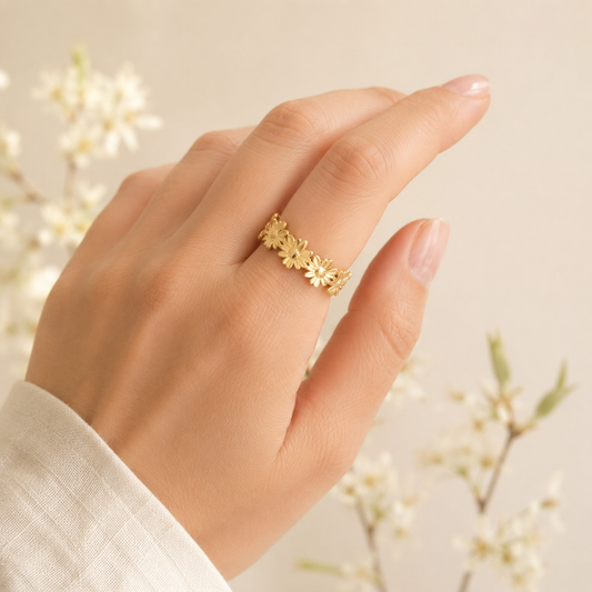 Bague ajustable fleurs marguerites entrelacées