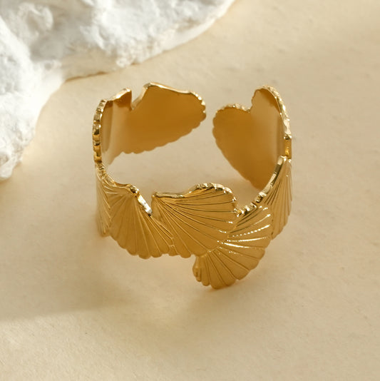 Bague ouverte feuilles Ginkgo entrelacées