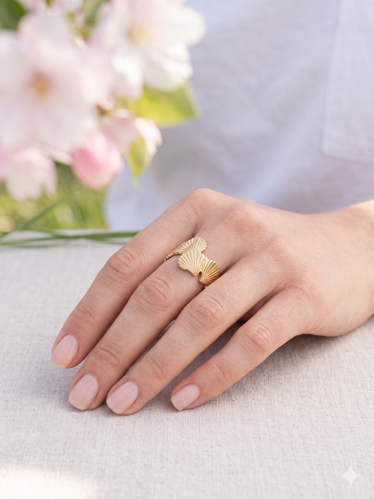 Bague ouverte feuilles Ginkgo entrelacées