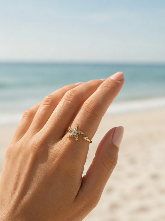 Bague anti stress ouverte à l'avant étoile strassé et zircon