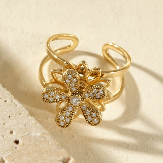 Bague anti-stress ajustable fleur gravée de strass