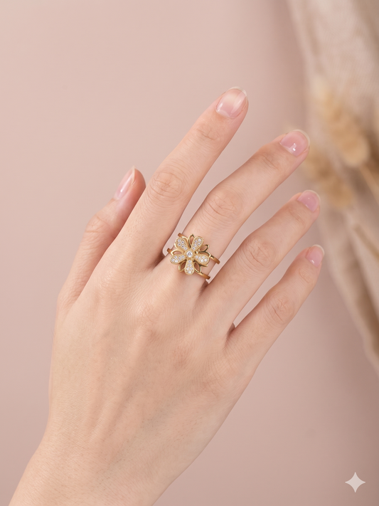 Bague anti-stress ajustable fleur gravée de strass