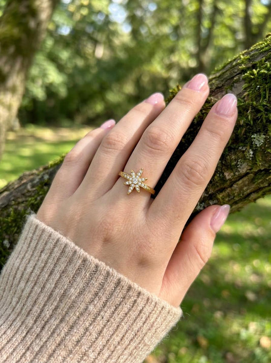 Bague fine ajustable étoile pavée en strass