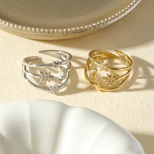 Bague ajustable lune et étoiles serties de strass