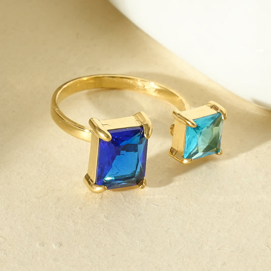 Bague ajustable deux pierres carrées bleu