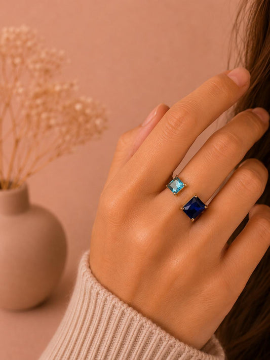 Bague ajustable deux pierres carrées bleu