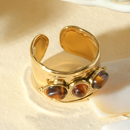 Bague trois pierres œil de tigre ovales doré