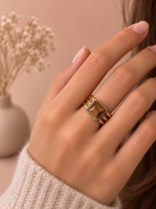 Bague ajourée pierre carré œil de tigre