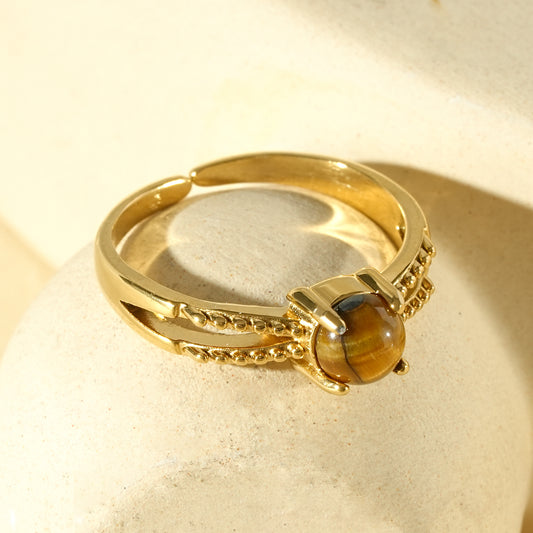 Bague fine double anneau pierre naturelle oeil de tigre doré