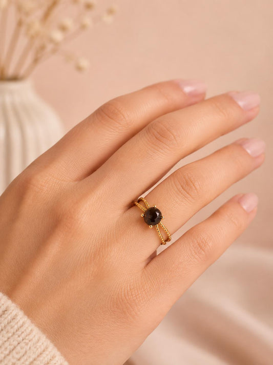 Bague fine double anneau pierre naturelle oeil de tigre doré