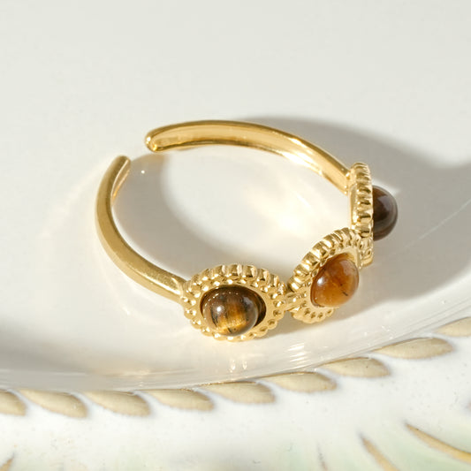 Bague trois pierres œil de tigre rondes doré