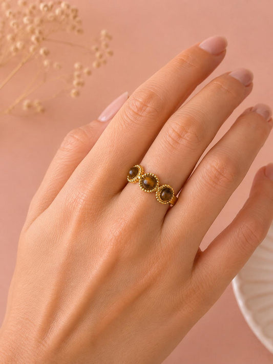 Bague trois pierres œil de tigre rondes doré