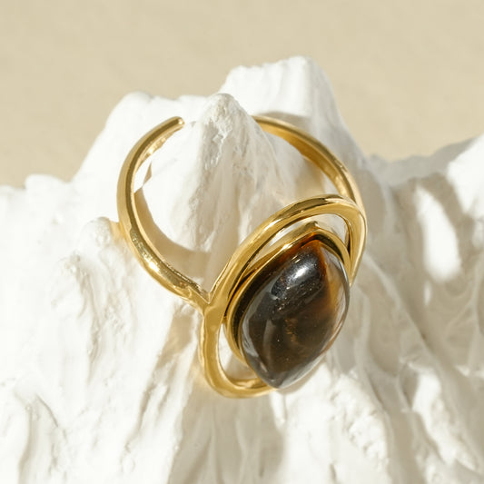Bague double anneau ovale pierre naturelle œil de tigre doré